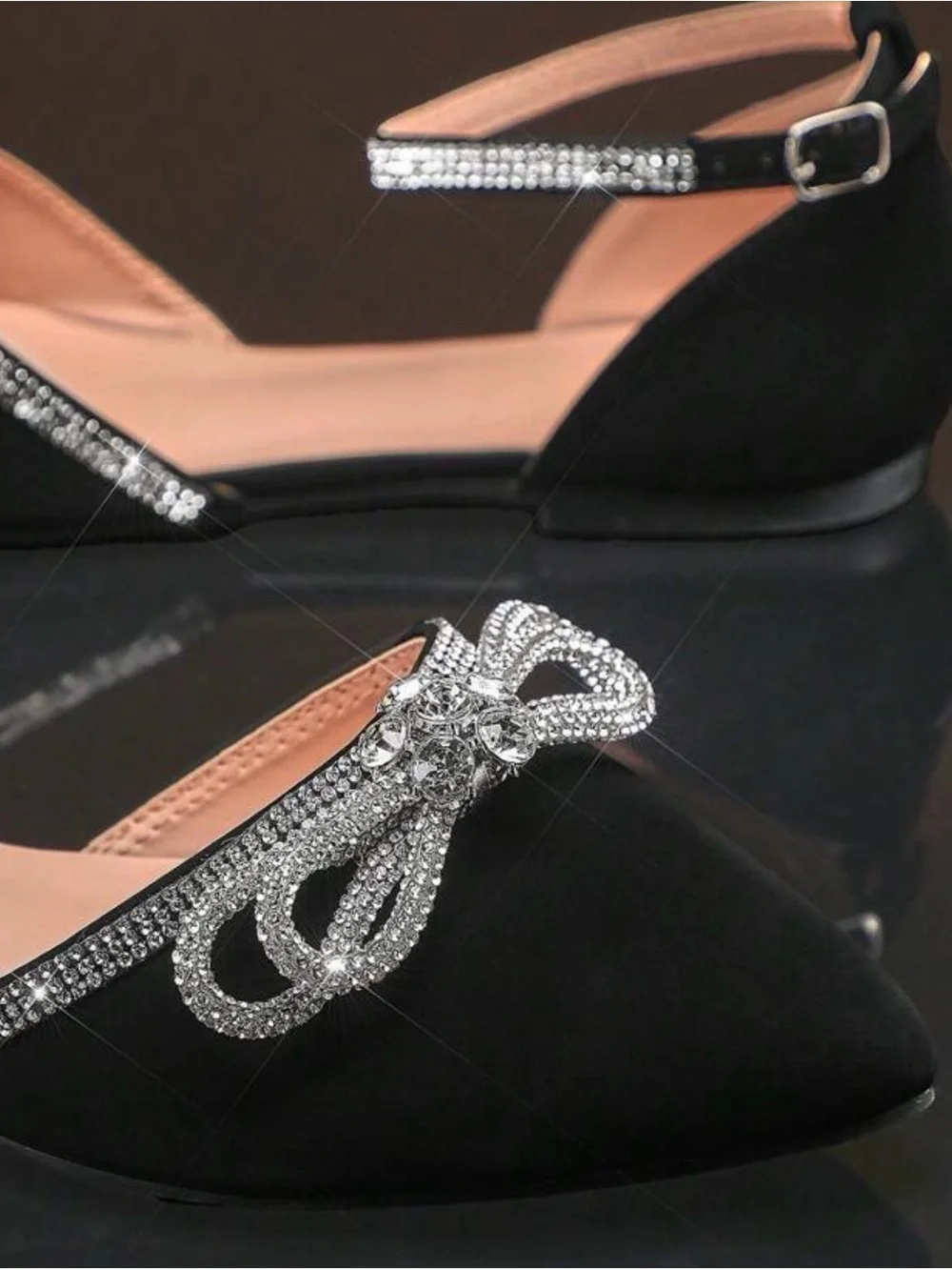 SHEIN Black Pointed-Toe Rhinestone Bow Ankle-Strap Flats